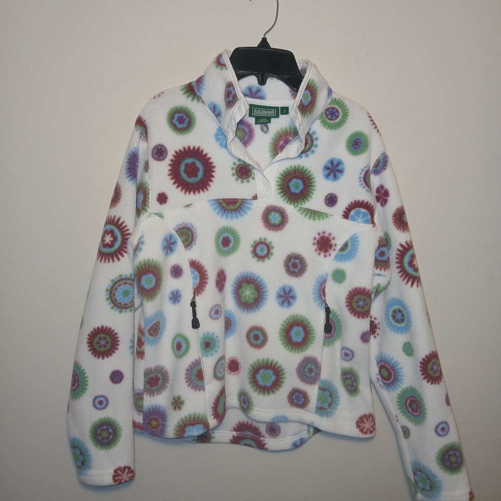 Vintage LL Bean Womens Small White Fleece Snap Jacket Geometric Pattern